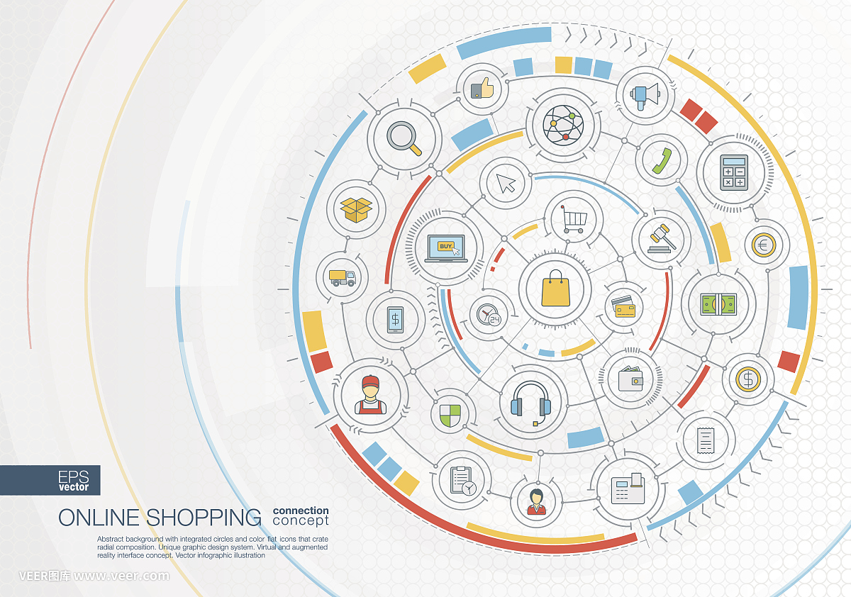 摘要网上购物的背景。数字连接系统集成圆,彩色平面图标。